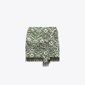 Knotted fringed printed mini skirt